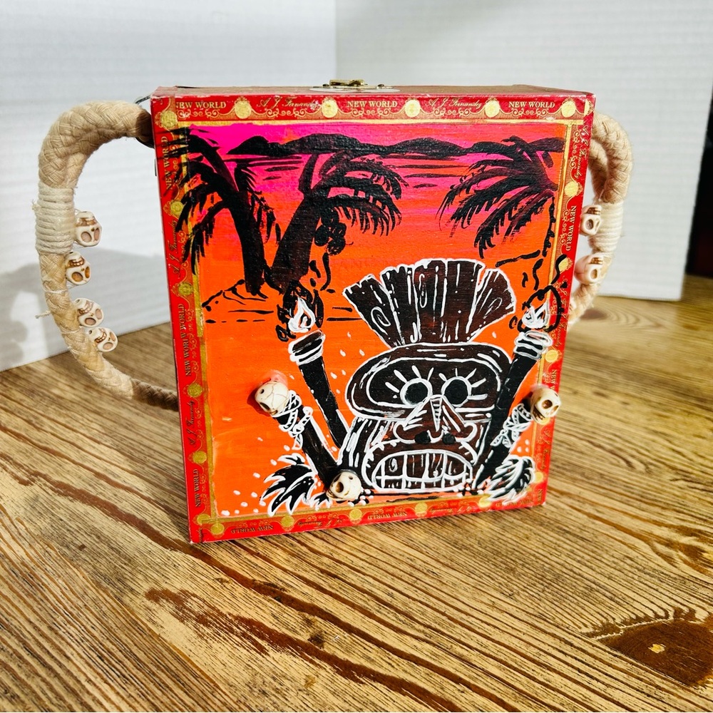 Tropical Tiki Cigar Box Purse with Rope Handles Handmade